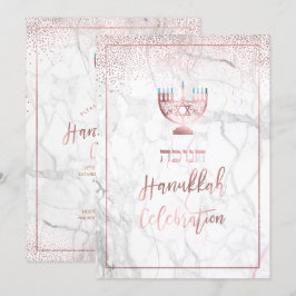 Convites Comemoração PixDezines Hanukkah, Rosa Dourado+Marb