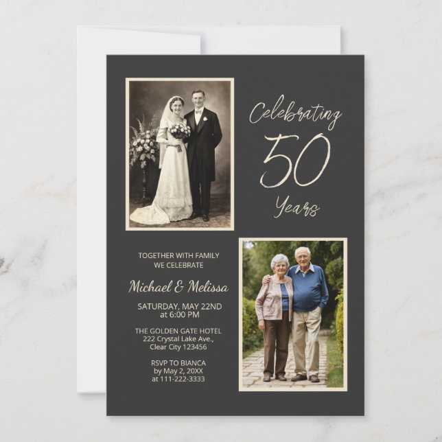 Convites Comemorando 50 Anos de Casamento com Foto em Carvã (Frente)