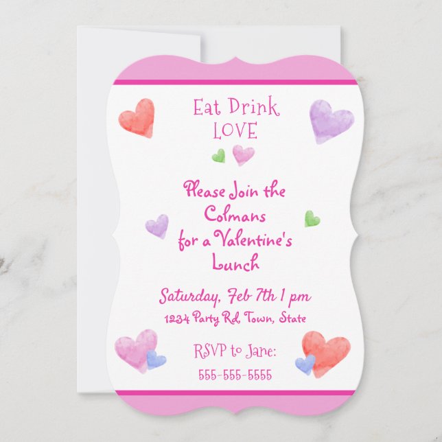 Convites COMER BEBER AMOR Valentines Diversão Aquarela Cora (Frente)