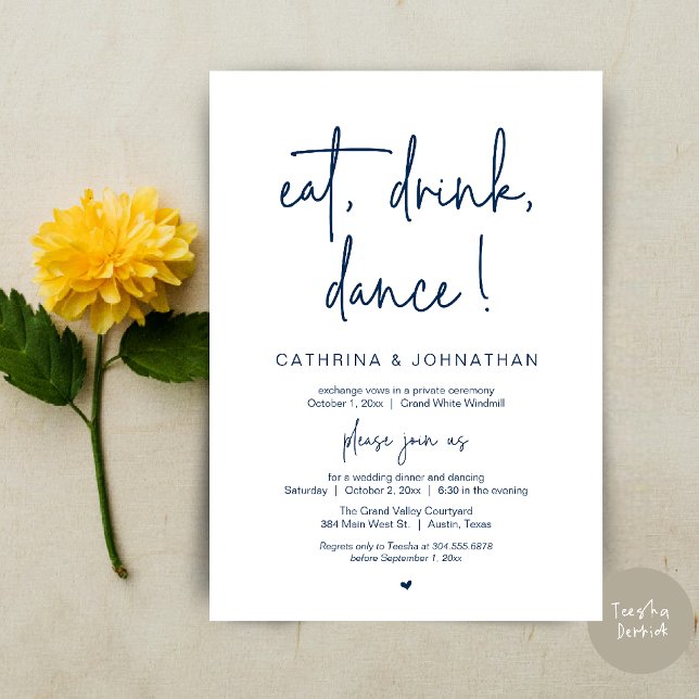 Convites Comer, Beber, Dançar, Casamento Simples e Elegante (Eat, Drink, Dance Elegant Wedding Elopement Dinner Invitation Card in Navy Blue)