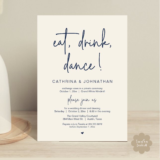 Convites Comer, Beber, Dançar, Casamento Simples e Elegante (Eat, Drink, Dance Elegant Wedding Elopement Dinner Invitation Card in Navy Blue and Ivory)