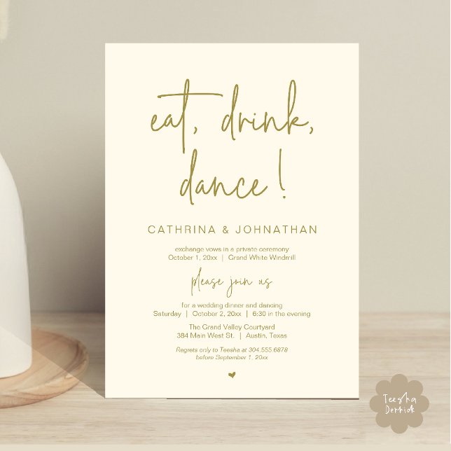 Convites Comer, Beber, Dançar, Casamento Simples e Elegante (Eat, Drink, Dance Elegant Wedding Elopement Dinner Invitation Card in Gold Yellow Cream)