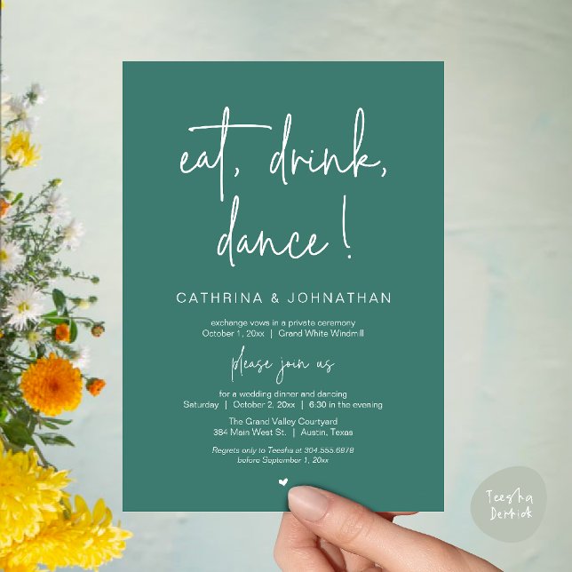 Convites Comer, Beber, Dançar, Casamento Simples e Elegante (Eat, Drink, Dance Elegant Wedding Elopement Dinner Invitation Card in Teal Green)