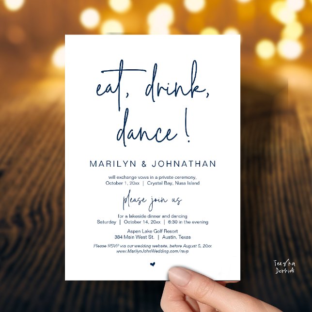 Convites Comer, Beber, Dançar, Festa de Jantar de Casamento (Eat, Drink, Dance, Wedding Elopement Dinner Party Invitation Card in Warm Navy Blue)