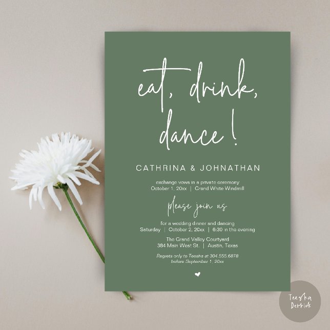 Convites Comer, Beber, Dançar, Recepção Elegante em Verde S (Eat, Drink, Dance Elegant Wedding Elopement Dinner Invitation Card in Sage Green)