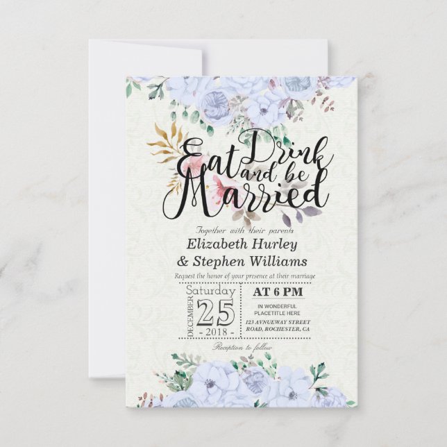 Convites Comer Beber e Casar com Watercolor Floral (Frente)