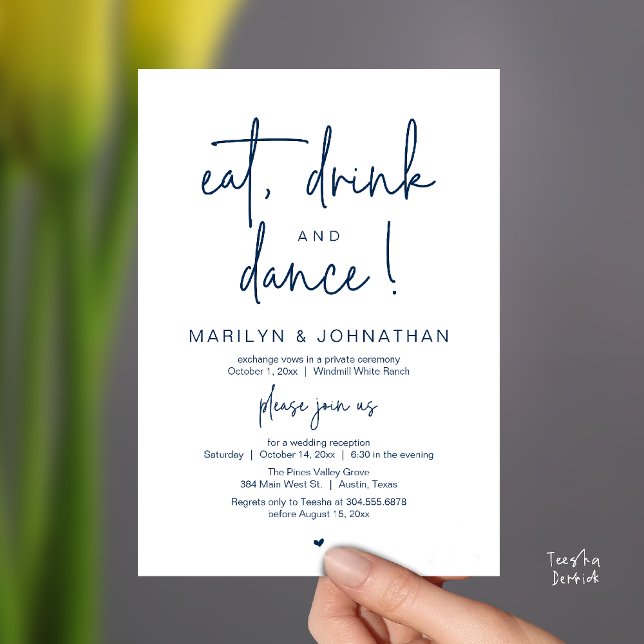 Convites Comer, Beber e Dançar, Recepção de Casamento Moder (Eat, Drink and Dance, Modern Wedding Reception Dinner Party Invitation Card in navy blue)