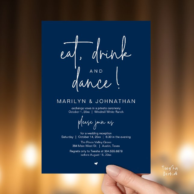 Convites Comer, Beber e Dançar, Recepção de Casamento Moder (Eat, Drink and Dance, Modern Wedding Reception Dinner Party Invitation Card in navy blue)