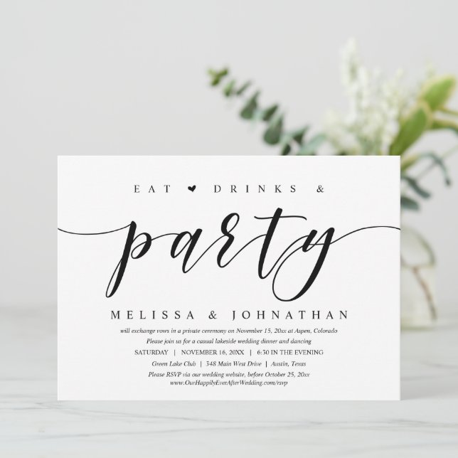 Convites Comer, Beber e Festejar, Jantar de Casamento Intim (Em pé/Frente)