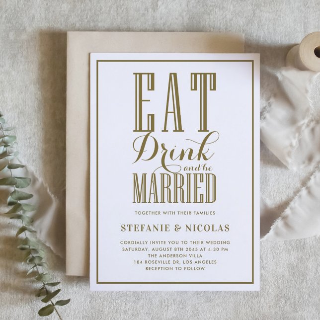 Convites Comer Dourado, Beber e casar-se. (Gold Eat, Drink and be Married Wedding Invitation)