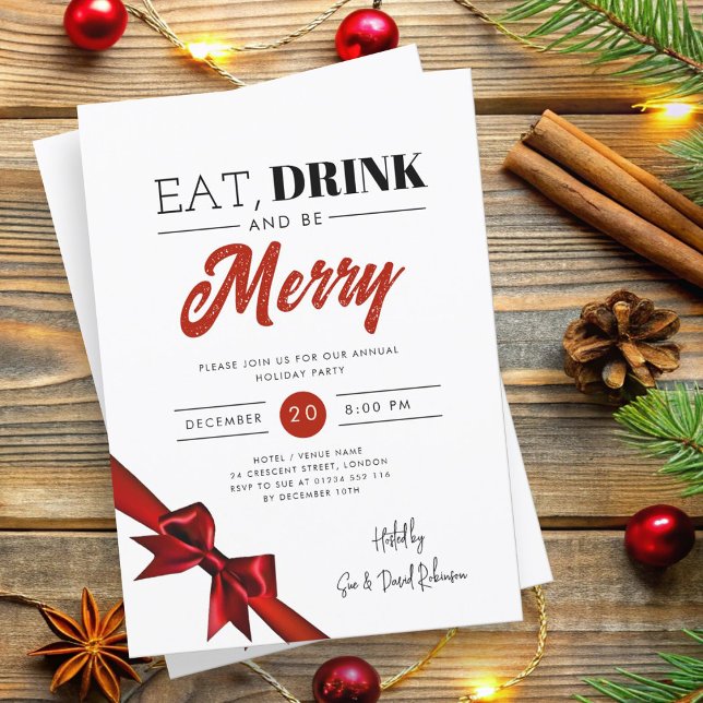 Convites Comer Moderno, Beber Ser Feliz Fita Vermelha De Xm (Modern Eat, Drink Be Merry Xmas Red Ribbon Invitation)