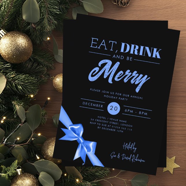 Convites Comer Moderno, Beber Ser Feliz Xmas Azul Fita Pret (Criador carregado)