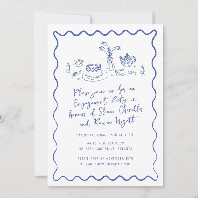 Convites Comida desenhada à mão e Noivado de Portas Bebidas (Frente)