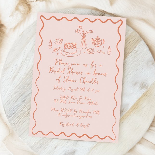Convites Comida e Bebidas Desenhadas à Mão para Brunch de N (whimsical food and drink doodles bridal shower invitation in light peach)