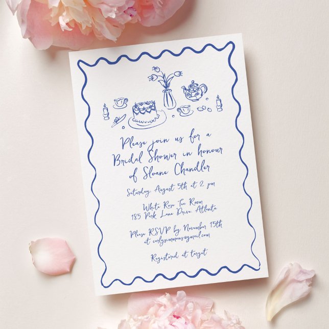 Convites Comida e Bebidas Desenhadas à Mão para Café da Noi (Hand drawn food and drink doodle illustrations bridal brunch invitation in blue and white.)