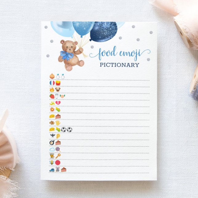 Convites Comida Emoji Pictionary game Blue Teddy Bear Card (Criador carregado)