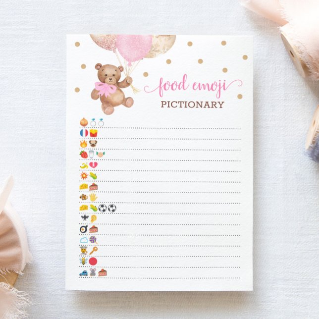 Convites Comida Emoji Pictionary game Pink Teddy Bear Card (Criador carregado)
