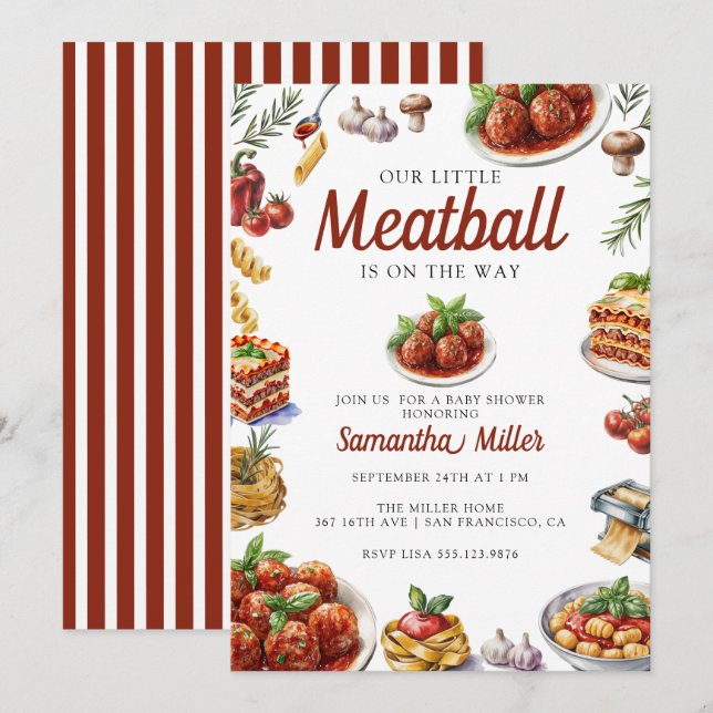 Convites Comida italiana | Chá de fraldas de aquarelas (Frente/Verso)