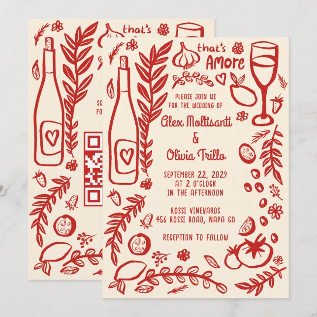Convites Comida Italiana Isso É Amor Festa de Casamento QR  (Frente/Verso)
