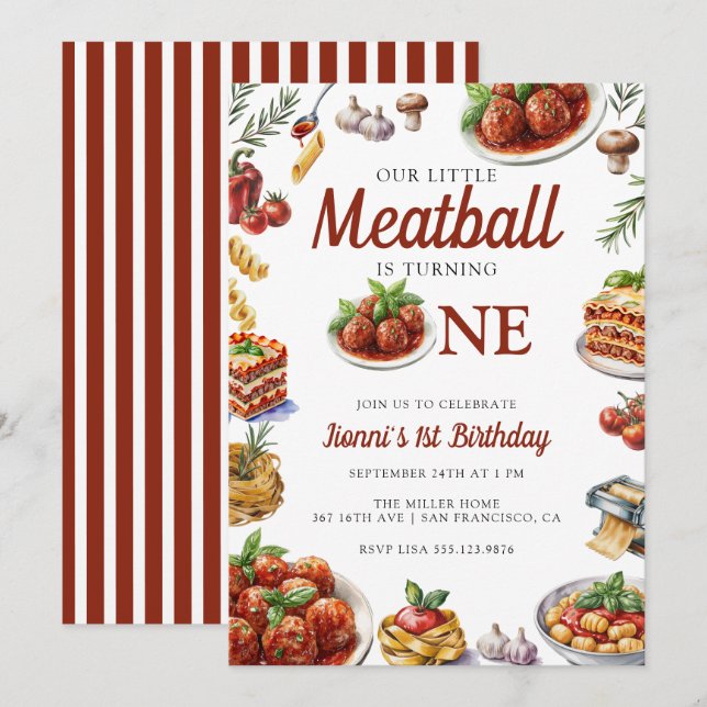 Convites Comida italiana | Primeiro aniversario de Aquarela (Frente/Verso)