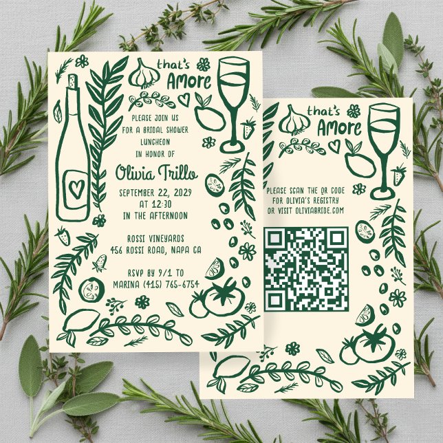 Convites Comida Italiana That's Amore CUSTOM Chá de Noiva Q (That's Amore Italian Food Hand-drawn Doodle CUSTOM QR Code Bridal Shower Party Invitation
)
