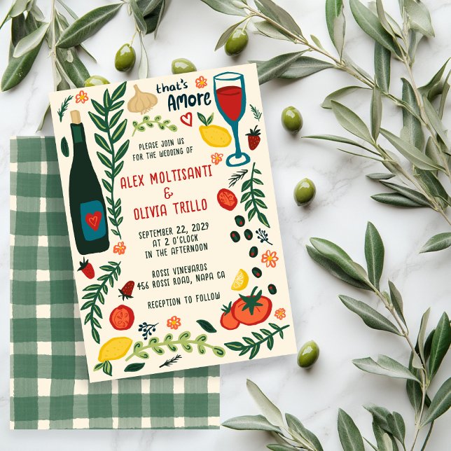 Convites Comida Italiana That's Amore Festa de Casamento Pe (That's Amore Italian Food CUSTOM Hand-drawn Charming Wedding Party Invitation
)