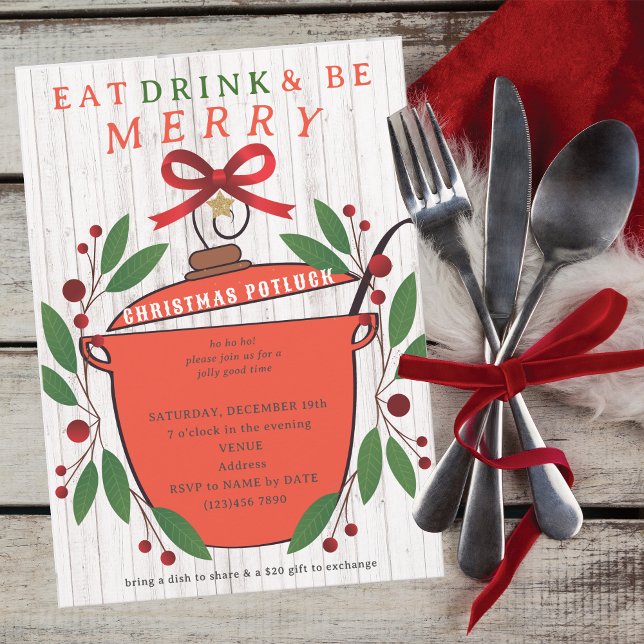 Convites Comida Rústica, Bebida e Alegria no Natal Potluck (Rustic Eat Drink and Be Merry Christmas Potluck Invitation for Church Family Office Xmas Parties)