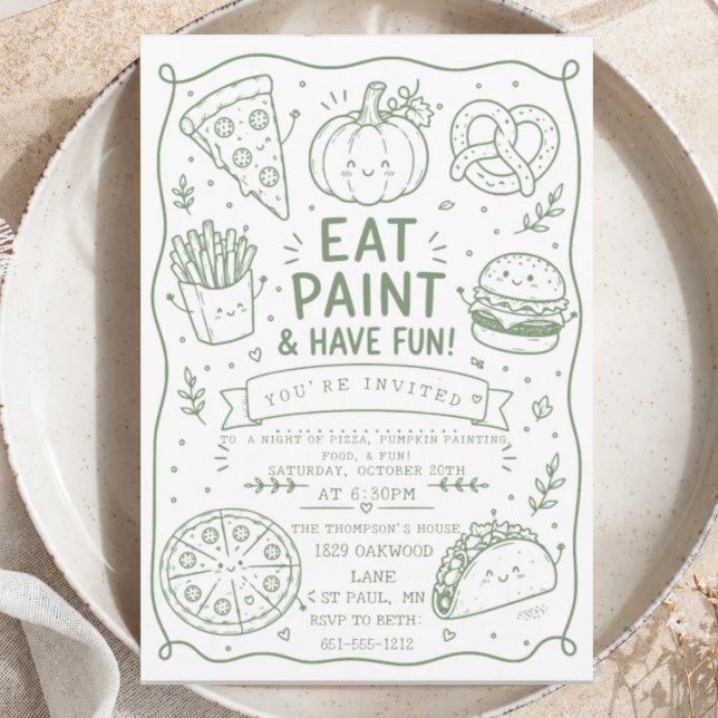 Convites Comida verde Festa Divertida Doodle Minimalista Ab (Criador carregado)