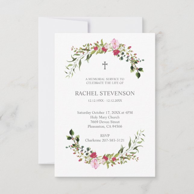 Convites Commemorative In memoriam Floral in Pink & Red (Frente)