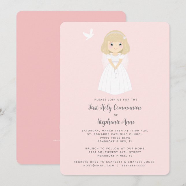 Convites Communion Dove Blonde Girl (Frente/Verso)