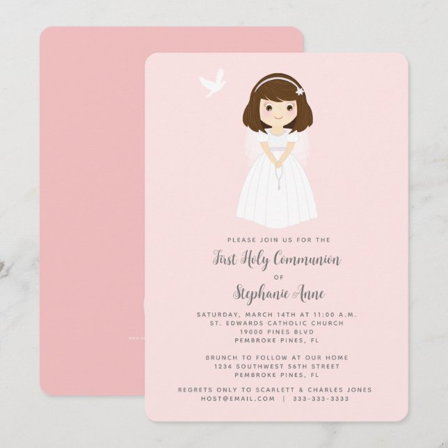 Convites Communion Dove Brunette Girl (Frente/Verso)