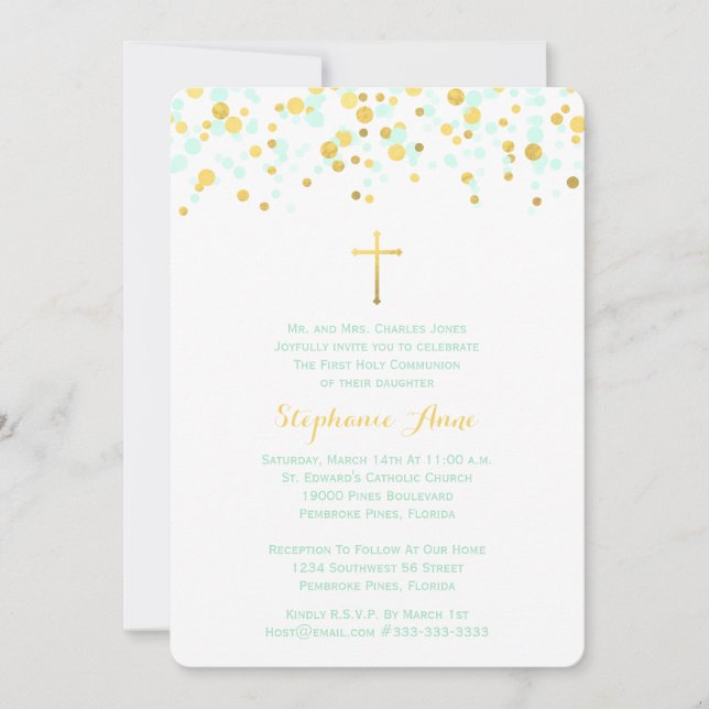 Convites Communion Mint e Dourado Confetti (Frente)