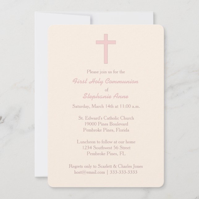 Convites Communion Pastel Pink Cross (Frente)