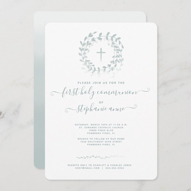 Convites Communion Sage Wreath e Cross (Frente/Verso)