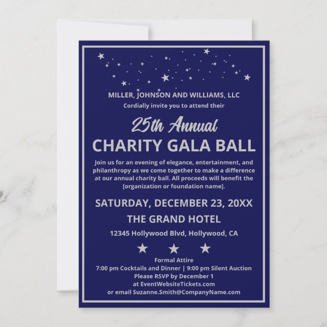 Convites Companhia Charity Gala Ball Elegante Blue Silver (Frente)