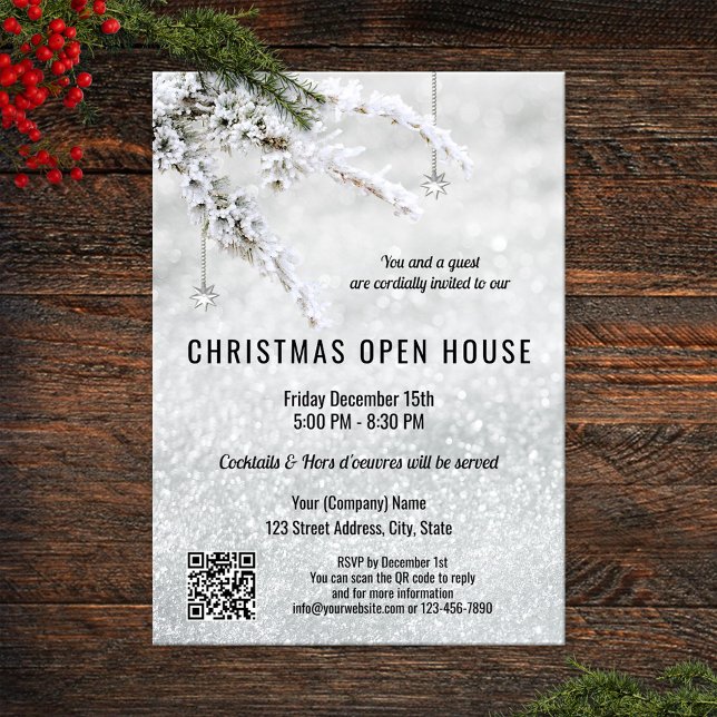 Convites Companhia de Natal de Neve Esparcial Open House QR (Christmas open house party invitation with an elegant silver snow design and QR code template)