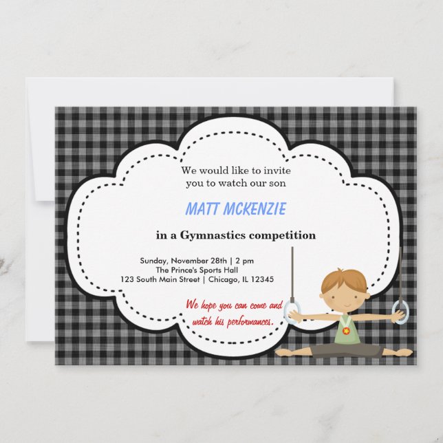 Convites Competição de Garotos de Ginástica (Preto) (Frente)