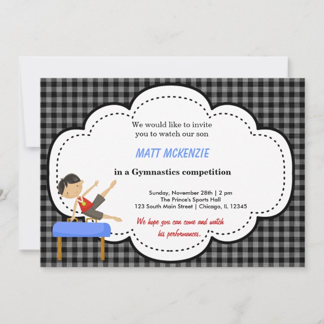 Convites Competição de Garotos de Ginástica (Preto) (Frente)