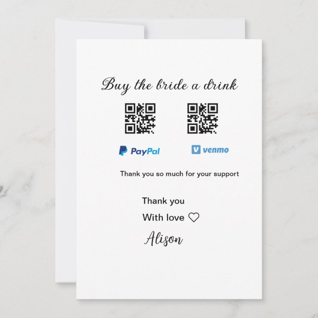 Convites Compre uma bebida para a noiva doação QR Venmo Pay (Frente)