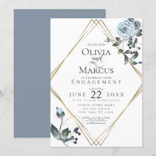 Convites COMPROMISSO   Florais Aquarela Azul Empoeirado