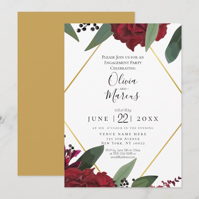 Convites COMPROMISSO | Floral Marsala Burgundy Rico e Elega (Frente/Verso)