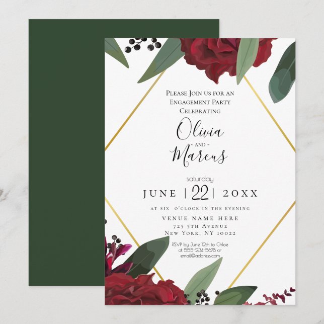 Convites COMPROMISSO | Floral Marsala Burgundy Rico e Elega (Frente/Verso)