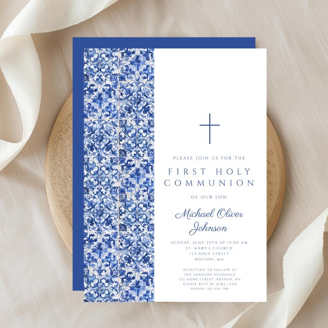 Convites Comunhão Azul Menino Cruz Moderno Azulejos (Modern Cross Blue Tiles Boy First Communion Invitation)