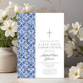Convites Comunhão Azul Menino Cruz Moderno Azulejos