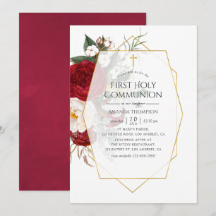 Convites Comunhão Burgundy & Floral Geométrica Branco
