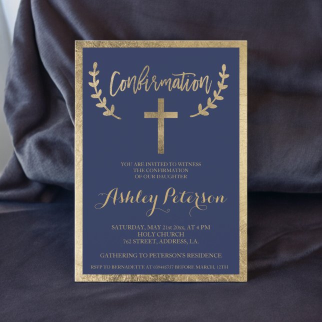 Convites Comunhão com borda de tipografia azul marinho (Gold navy blue typography border confirmation invitation)