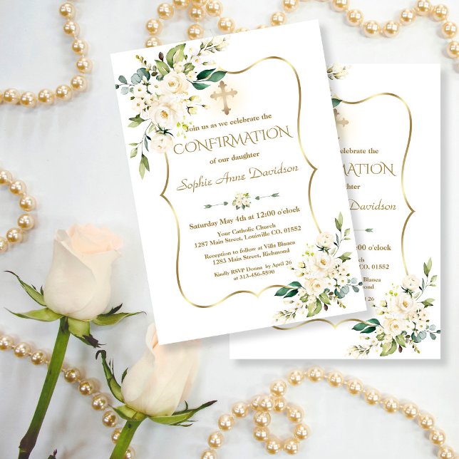 Convites Comunhão com Cruz Dourada e Flores Brancas de luxo (elegant trendy modern white flowers confirmation invitation, floral gold confirmation invitation)