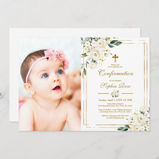 Convites Comunhão com Flores Brancas e Quadro para Foto Dou (Frente/Verso)