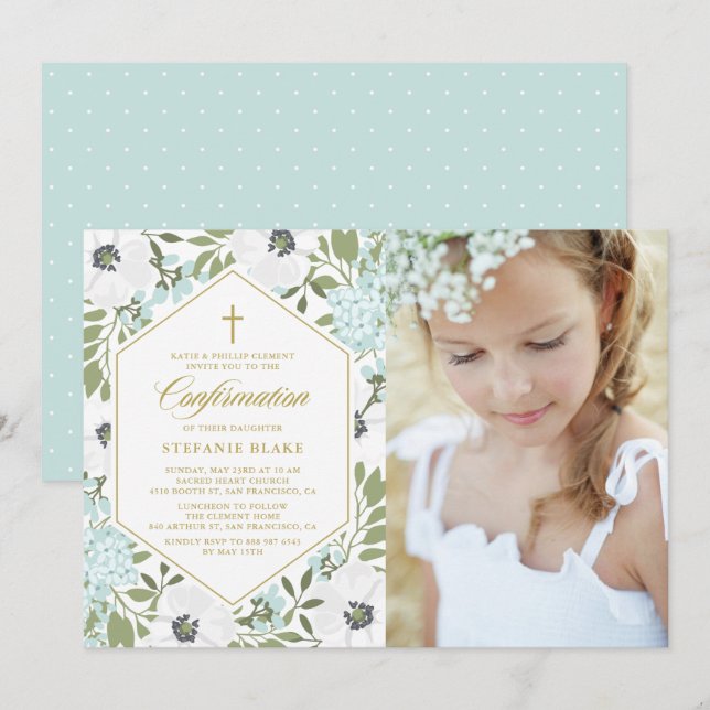 Convites Comunhão com Foto e Anêmonas Brancas Azul Floral (Frente/Verso)