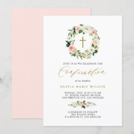 Convites Comunhão com guirlanda floral de pêssego em aquare